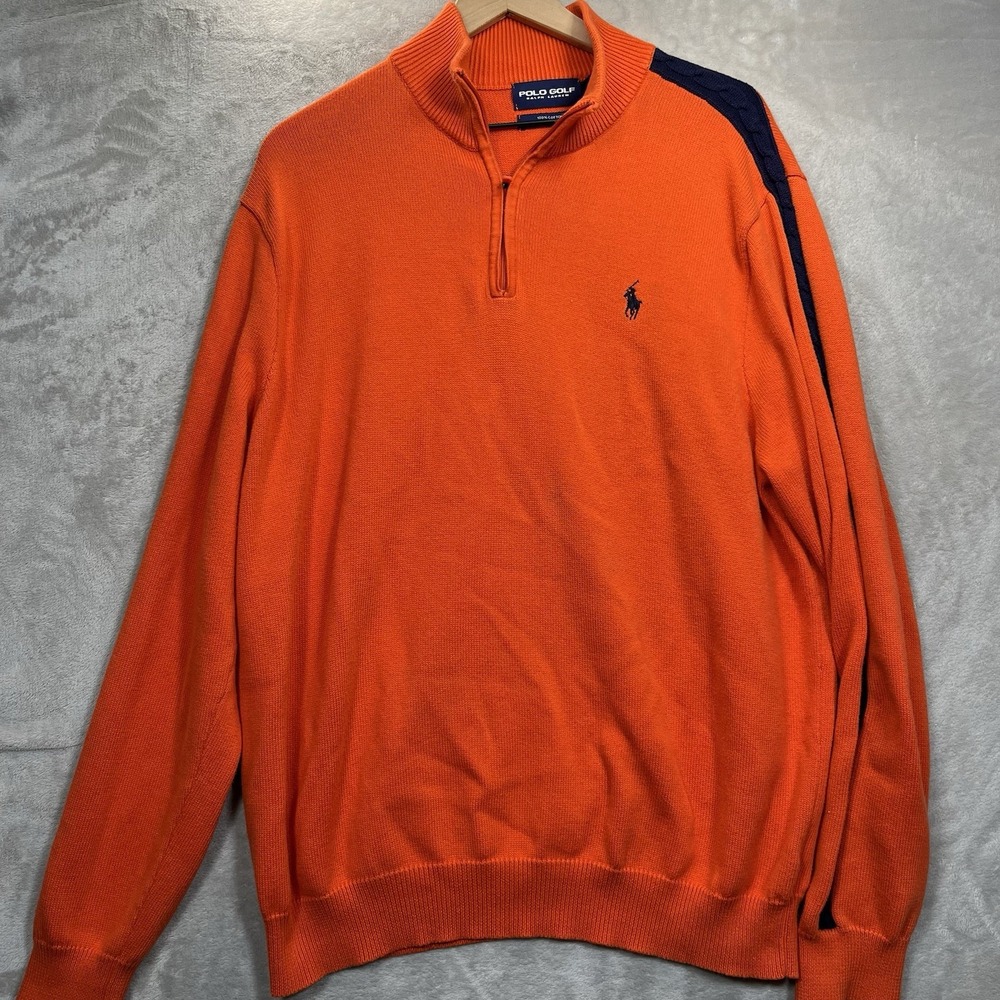 Vintage Polo Golf Ralph Lauren Quarter Zip Pullover Men XL Orange Navy Sweater